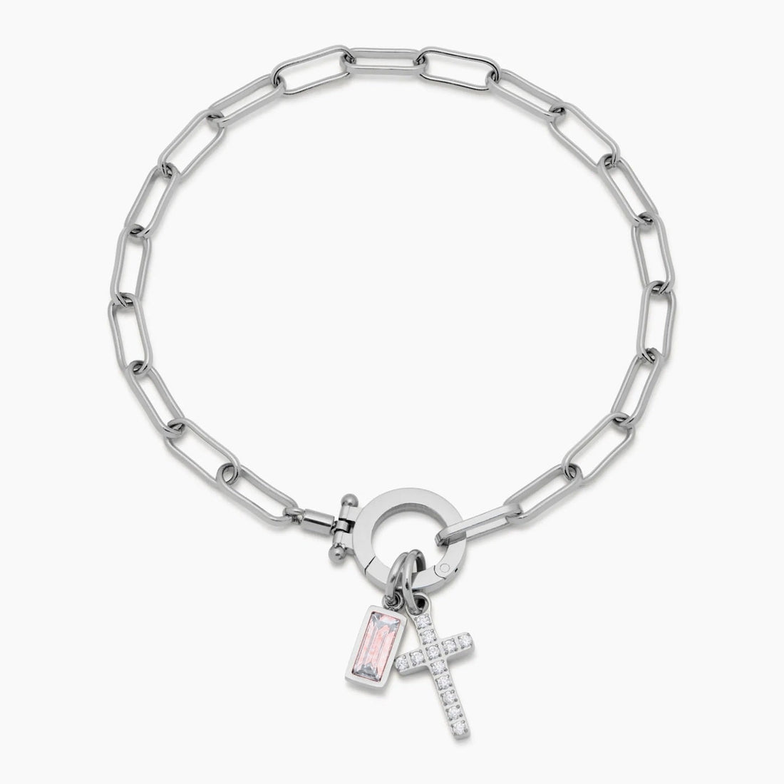 Paperclip Cross Charm Bracelet with Birthstone