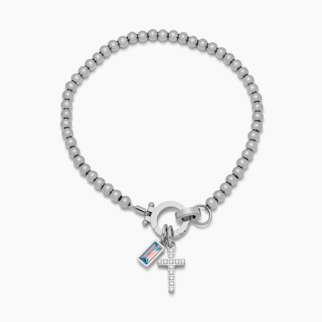 Beaded Bracelet with Cross Charm and Birthstone