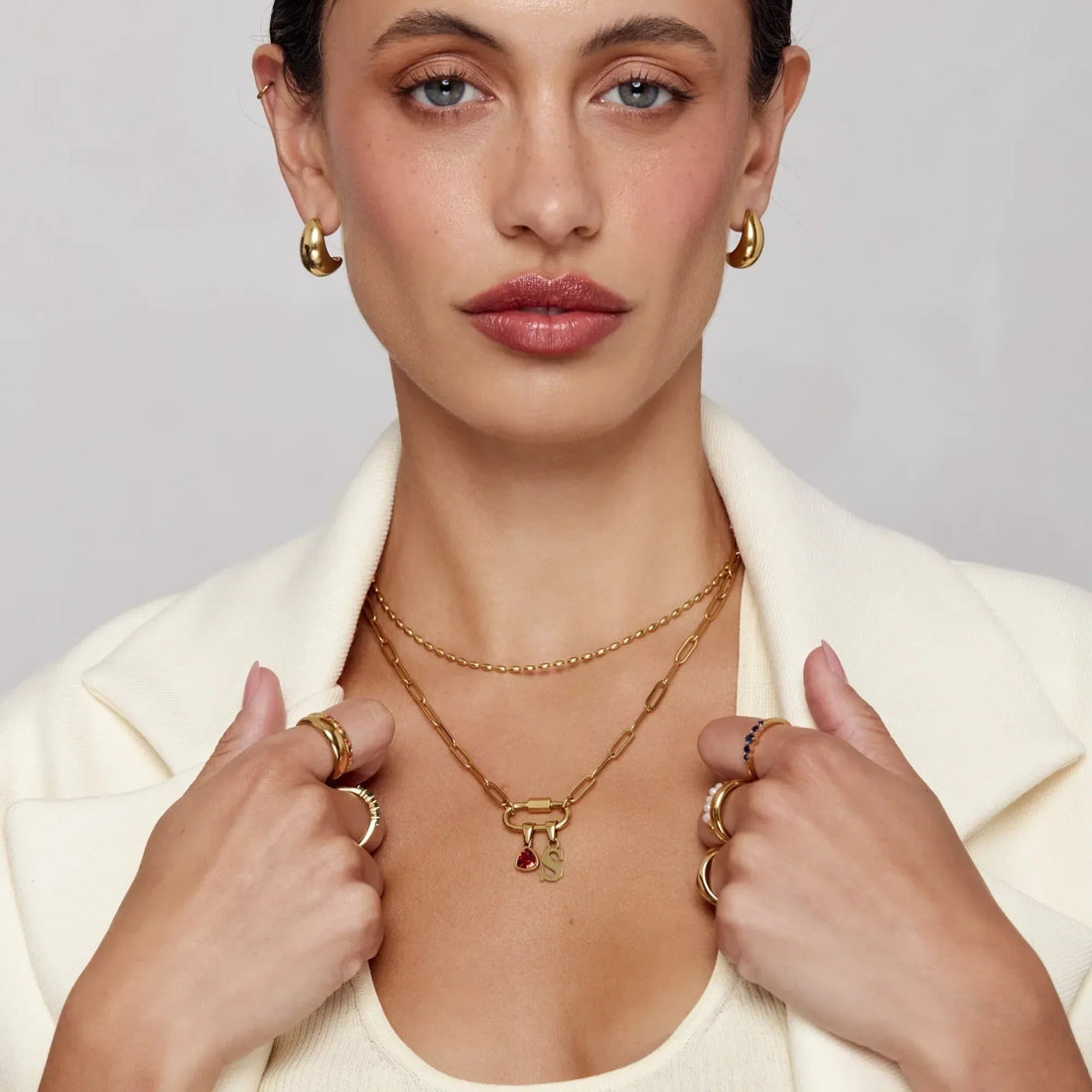 Necklace with Carabiner Charm, Initial and Birthstone