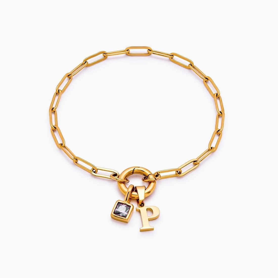 Paperclip Bracelet with Initial and Birthstone