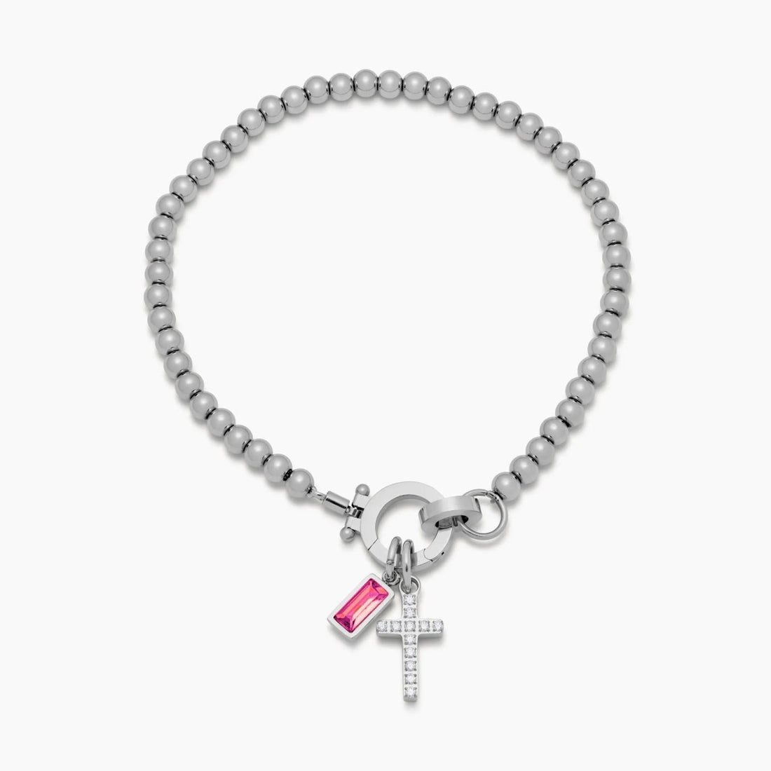 Beaded Bracelet with Cross Charm and Birthstone