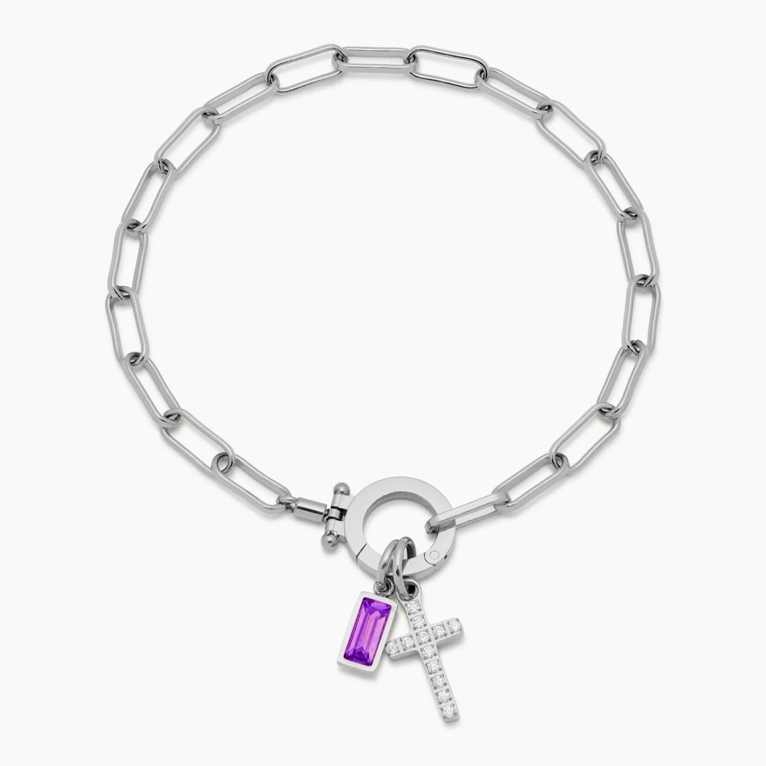 Paperclip Cross Charm Bracelet with Birthstone