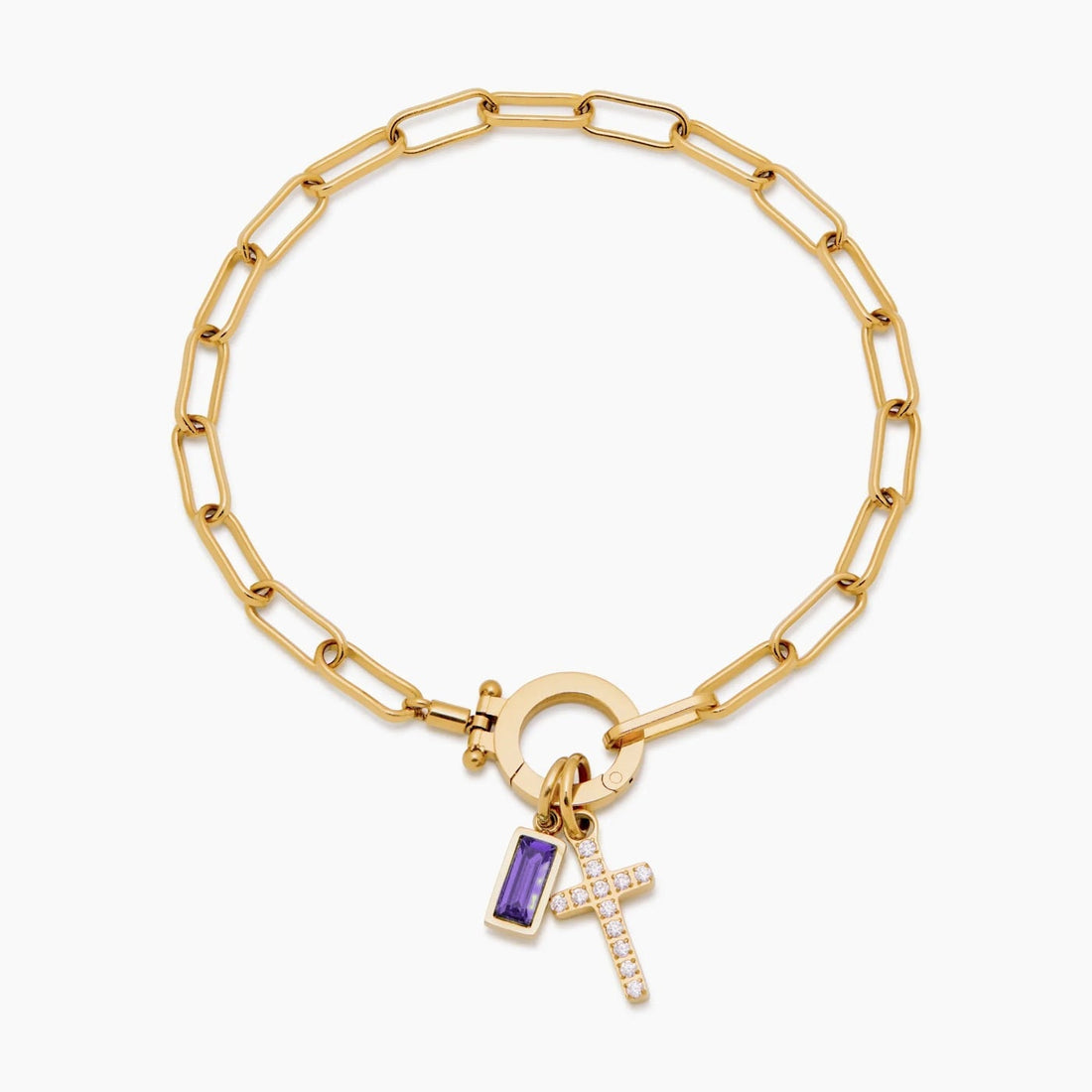 Paperclip Cross Charm Bracelet with Birthstone