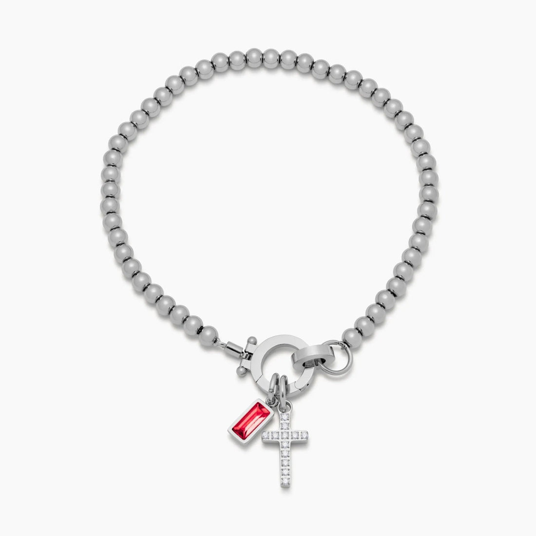 Beaded Bracelet with Cross Charm and Birthstone