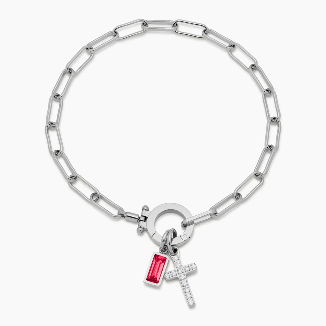 Paperclip Cross Charm Bracelet with Birthstone