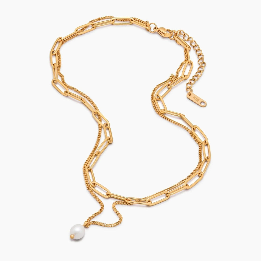 Layered Necklace with Paperclip Chain and Pearl Pendant